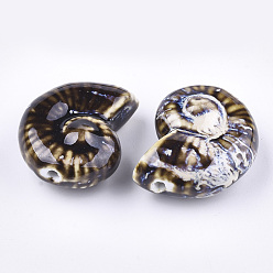 Coffee Handmade Porcelain Beads, Fancy Antique Glazed Porcelain, Sea Snail, Coffee, 39~40x30~31x16.5~18mm, Hole: 2.5~3.5mm