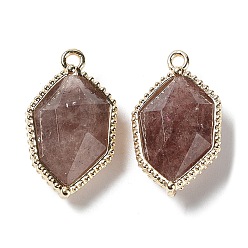 Strawberry Quartz Natural Strawberry Quartz Pendants, Faceted Hexagon Charms with Rack Plating Golden Plated Brass Edge Loops, 22.5x13x6.5~7mm, Hole: 1.5~1.6mm