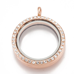 Rose Gold Alloy Magnetic Locket Pendants, with Rhinestone and Glass, Flat Round, Crystal, 37x30.5x7.5mm, Hole: 3.5mm, Inner diameter: 23mm