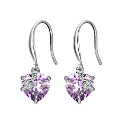 Medium Purple Cubic Zirconia Heart Dangle Earrings, Real Platinum Plated Rhodium Plated 925 Sterling Silver Earrings for Women, Medium Purple, 26mm