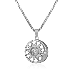 Stainless Steel Color Titanium Steel Pendant Necklaces, Sun & Moon, Stainless Steel Color, 23.62 inch(60cm)