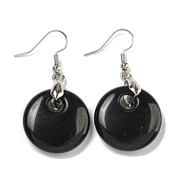 Обсидиан Плоские круглые серьги-подвески из латуни с покрытием для женщин, с естественным обсидианом, без кадмия и без свинца, платина, 49x23 мм