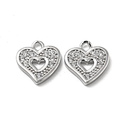 Real Platinum Plated Brass Micro Pave Cubic Zirconia Pendants, Heart, Real Platinum Plated, 10.5x10x1.5mm, Hole: 1.4mm