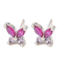 Cerise Butterfly Platinum Brass Stud Earrings, with Clear Cubic Zirconia, Long-Lasting Plated, Lead Free & Cadmium Free, Cerise, 7.5x8.5mm
