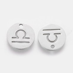 Libra 304 Stainless Steel Charms, Flat Round with Constellation/Zodiac Sign, Libra, 12x1mm, Hole: 1.5mm