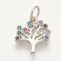 Platinum Brass Micro Pave Cubic Zirconia Charms, Tree, Colorful, Platinum, 11x10.5x1.5mm, Hole: 3mm