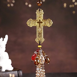 Gold Cross with Tassel Glass Pendant Decorations, for Interior Car Mirror Hanging Decorations, Gold, 320mm
