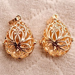 Light Gold Brass Bead Cage Pendants, Hollow Teardrop Cage Charms, Light Gold, 33x23mm