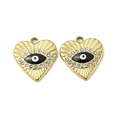 Black Ion Plating(IP) 304 Stainless Steel Rhinestone Pendants, with Enamel, Heart with Evil Eye Charm, Golden, Black, 17x16x3mm, Hole: 1.9mm