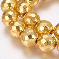 Golden Plated Grade AA Non-Magnetic Synthetic Hematite Bead Strands, Round, Faceted(128 Facets), Golden Plated, 12mm, Hole: 1.5mm, about 33pcs/strand, 15.7 inch(40cm)