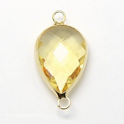 Light Yellow Golden Tone Brass Glass Teardrop Links connectors, Light Yellow, 21x11x5mm, Hole: 2mm
