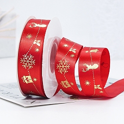Red 22M Flat Christmas Reindeer Printed Polyester Satin Ribbons, Hot Stamping Ribbons, Red, 1 inch(25mm), about 24.06 Yards(22m)/Roll