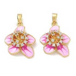 Rose Chaud Pendentifs en laiton zircon cubique transparent, avec l'émail, charmes de fleurs, réel 18 k plaqué or, rose chaud, 22x17x6mm, Trou: 5x3mm
