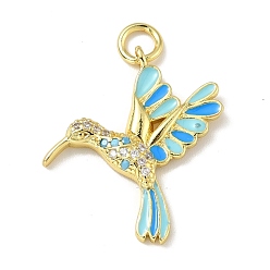 Deep Sky Blue Brass Micro Pave Cubic Zirconia Pendants, with Enamel and Jump Ring, Golden, Lead Free & Cadmium Free & Nickel Free, Birds, Deep Sky Blue, 27x24x3mm