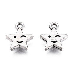 Antique Silver Tibetan Style Alloy Charms, Cadmium Free & Lead Free, Star with Smiling Face, Antique Silver, 14.5x12x2.5mm, Hole: 1.8mm, about 990pcs/1000g