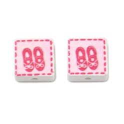 Pink Printed Handmade Porcelain Beads, Square, Pink, 15~15.5x15~15.5x7.5~8mm, Hole: 2mm