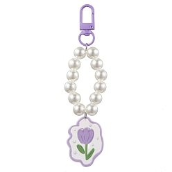 Lilac Alloy Acrylic Pendant Decorations, with Imitation Pearl Acrylic Beads, Flower Patterns, Lilac, 126mm