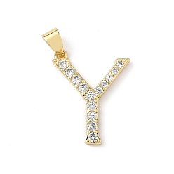 Letter Y Латунные микро проложить кубического циркония подвески, без свинца и без кадмия, долговечный, реальный 18 k позолоченный, стойки покрытие, Письмо Y, 19x16x2 мм, отверстие : 4.5x3 мм
