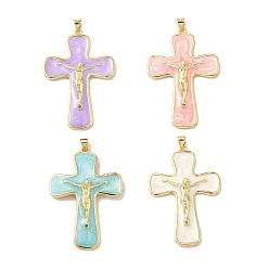 (52) Непрозрачная лаванда Латунь эмаль подвески, крест прелести, долговечный, без кадмия и без свинца, стойки покрытие, реальный 18 k позолоченный, разноцветные, 46x31x5 мм, отверстие : 3.5x5 мм