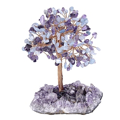 Amethyst Natural Amethyst & Aquamarine Chips Tree of Life Decorations, Rough Raw Amethyst Base with Copper Wire Feng Shui Energy Stone Gift for Women Men Meditation, 89~101x114~152mm