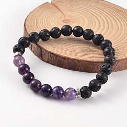 Amethyst Natural Lava Rock Beaded Stretch Bracelets, with Amethyst Beads and Brass Findings, Platinum, 58mm