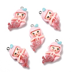 Pink Opaque Resin Pendants, with Glitter Powder and Platinum Tone Iron Loops, Mermaid, Pink, 34x18x6mm, Hole: 2mm