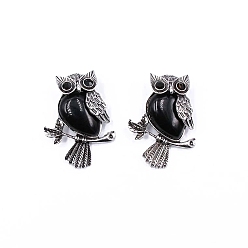 Obsidian Natural Obsidian Pendants, Antique Silver Plated Metal Owl Charms, 35~45mm