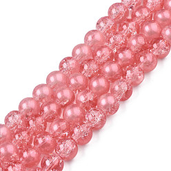 Corail Clair Brins de perles de verre craquelées translucides, avec de la poudre de paillettes, ronde, corail lumière, 8x7.5mm, Trou: 1mm, Environ 100~105 pcs/chapelet, 31.50 pouces~33.07 pouces (80cm~84cm)