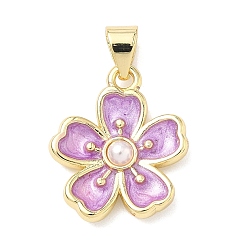 Сливовый Латунь эмаль подвески, , с пластмассовой жемчужиной abs, долговечный, стойки покрытие, без свинца и без кадмия, реальный 18 k позолоченный, слива, 17x15x3.5 мм, отверстие : 5x3 мм