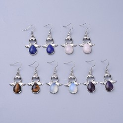 Mixed Stone Natural & Synthetic Gemstone Dangle Earring, with 304 Stainless Steel Earring Hooks and Brass Findings, Angel, Platinum, 53mm, Pin: 0.7mm