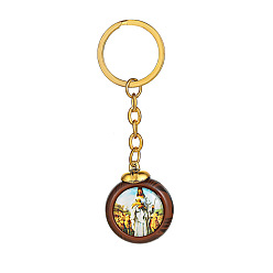 Golden Flat Round Double-sided Religious Jesus Plastic Pendant Keychain, with Metal Findings, Golden, 10cm