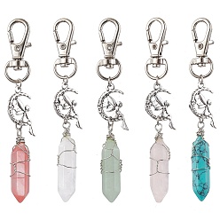 Mixed Stone Pointed Natural & Synthetic Gemstone Pendant Decorations, with Alloy Pendants and Swivel Lobster Claw Clasps, Fairy and Bullet, 87mm