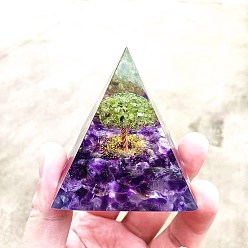 Mixed Stone Orgonite Pyramid Resin Display Decorations, with Natural Peridot & Amethyst Chips Tree of Life Inside, for Home Office Desk, 60x60mm