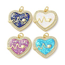 Mixed Color Valentine's Day Brass Micro Pave Clear Cubic Zirconia Pendants, with Synthetic Opal, Real 18K Gold Plated, Heart Charms, Mixed Color, 19.5x20x3mm, Hole: 3.5mm