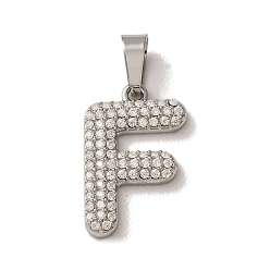 Letter F 304 Stainless Steel Micro Pave Clear Cubic Zirconia Pendants, Letter Charms, Stainless Steel Color, Letter F, 18x11.5x2.5mm, Hole: 6x2.5mm
