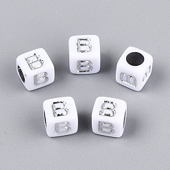 Letter B Акриловые бусины, горизонтальное отверстие, металлическое покрытие, кубические, белые, В письме, 6x6x6 мм, отверстие : 3.5 мм, 2600 шт / 500 г