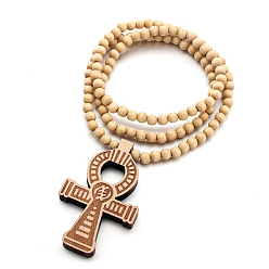 BurlyWood Wood Ankh Cross Pendant Necklace with Round Beaded for Men Women, BurlyWood, 35.43 inch(90cm)