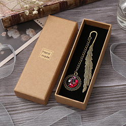 Cerise Alloy Feather Shape Bookmark, with Long Chain & Flat Round Pendant, Constellation Pattern, Cerise, 115mm