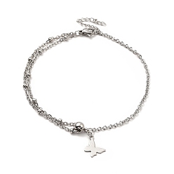 Бабочка Устойчивый к потускнению 304 браслет на щиколотку из нержавеющей стали с подвесками и цепочками-спутниками для женщин, цвет нержавеющей стали, бабочки, Бабочка: 9.5x12.5x0.5 mm, 8-7/8 дюйм (22.5 см)