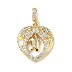 Letter N Латунные микропаве прозрачные подвески с фианитом, крыло с буквенными подвесками, без свинца и без кадмия, долговечный, стойки покрытие, реальный 18 k позолоченный, Письмо N, 20.5x18x3.5 мм, отверстие : 4.5x3.5 мм