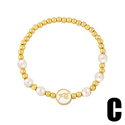 C Minimalist Pearl Bracelet with Cross, Stars and Moon Charms - Elastic Stretch Handmade Jewelry