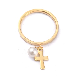 Golden Dual-use Items, 304 Stainless Steel Finger Rings or Pendants, with Plastic Round Beads, Cross, White, Golden, US Size 5~9(15.7~18.9mm)