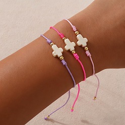 Лиловый 3 шт. браслеты из окрашенных синтетических бусин белого бирюзового цвета и латунных бусин, сплетенные из бусин, украшения из полиэстеровой нити, плетеные для женщин, крестик, разноцветные, золотые, 11.02 дюйм (28 см)