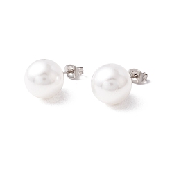Stainless Steel Color 6 Pair Shell Pearl Round Ball Stud Earrings, 304 Stainless Steel Post Earrings for Women, White, Stainless Steel Color, 24x12mm, Pin: 1mm