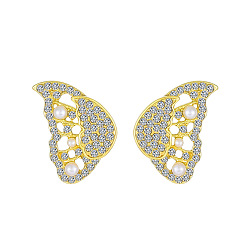 Golden Butterfly Wing Alloy with Rhinestone Stud Earrings, with Resin Imitation Pearl Beads, Golden, 22x16mm
