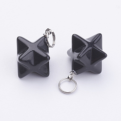 Obsidian Natural Obsidian Pendants, with 201 Stainless Steel Split Rings, Stainless Steel Color, Merkaba Star, 22~23x16.5~17x19mm, Hole: 6mm