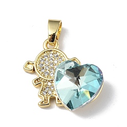 Pale Turquoise Real 18K Gold Plated Rack Plating Brass Micro Pave Clear Cubic Zirconia Pendants, with Glass, Long-Lasting Plated, Cadmium Free & Lead Free, Girl with Heart Charm, Pale Turquoise, 20.8x17x8mm, Hole: 6x3mm