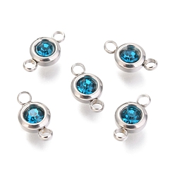 Blue Zircon 304 Stainless Steel Rhinestone Links Connectors, Flat Round, Stainless Steel Color, Blue Zircon, 12x6.5x4mm, Hole: 2mm