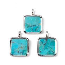 Natural Turquoise Natural Turquoise Pendants, Square Charms with Rack Plating Platinum Tone Brass Findings, Lead Free & Cadmium Free, 16~16.5x12x1.5mm, Hole: 1.5x2mm