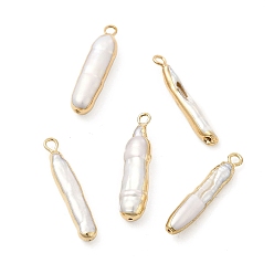 Light Gold Baroque Natural Keshi Pearl Pendants, Rectangle Charms, with Brass Loops, Light Gold, 25~28x5~7x3~5mm, Hole: 1.6~1.8mm